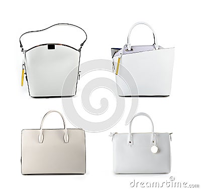 Group of women leather handbags isolated on white background Stock Photo