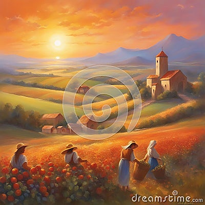 Group of women in a mediterranean landscape at sun set time in evocative scene harvesting Stock Photo