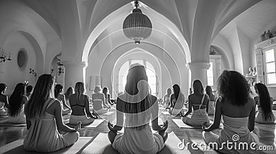 A group of women are sitting on yoga mats in a blackandwhite themed room Stock Photo