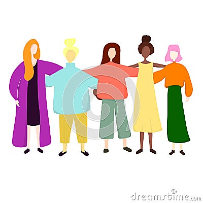 A group of women standing together and holding hands. Vector Illustration