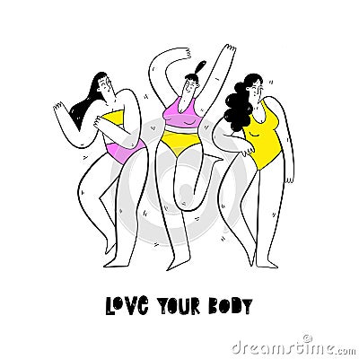 Group of women in swimsuits. Female characters. Body positive movement and beauty diversity. Love your body concept. Vector Illustration