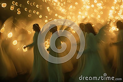 A group of women wearing white dresses walks in front of a vibrant firework display, An ethereal image of angels singing on Stock Photo