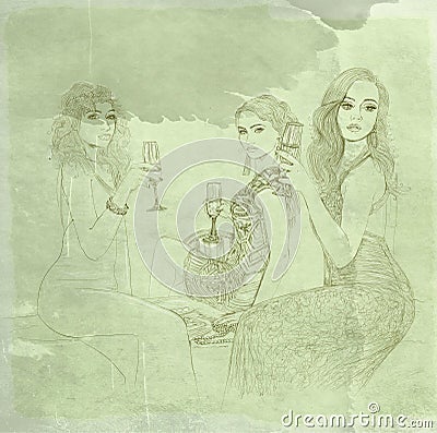 Group of women with wine Stock Photo