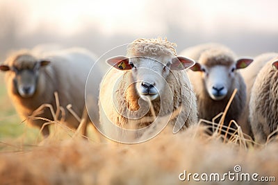 group of woolly sheep close-up in frosty field Stock Photo