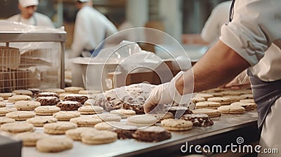 group of workers in a bakery, preparing cookies with various kitchen tools and equipment in a professional setting Stock Photo