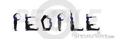 Group of workers forming people word at studio Stock Photo