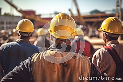 Group of workers in hardhats at construction site. Selective focus, rear view of Construction workers at the construction site Stock Photo