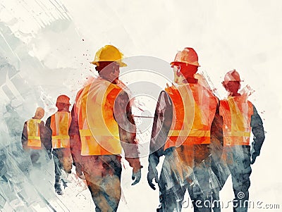 Group of workers in hardhats and helmets. illustration. Generative AI Cartoon Illustration