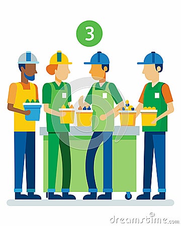 A group of workers stands at a sorting station separating different types of plastics based on their recycling number Vector Illustration