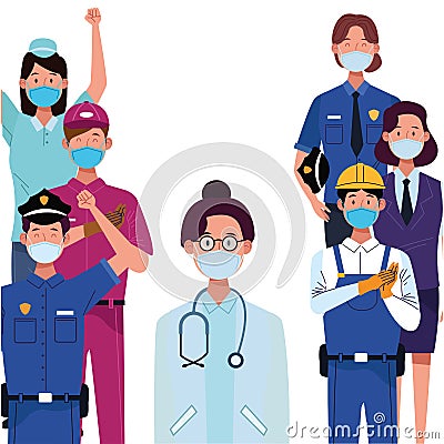 Group workers using face masks for covid19 Vector Illustration