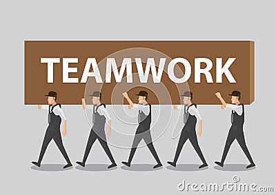 Workers Carry Block with Text Teamwork Cartoon Vector Illustration Vector Illustration