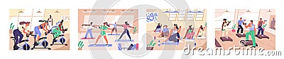 Group workout classes set. People exercising, training together in sport club. Fitness, aerobics, yoga, bicycle Vector Illustration