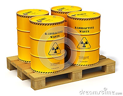 Group of yellow drums with radioactive waste on shipping pallet Cartoon Illustration