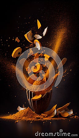 Group of Yellow Turmeric Sticks and Powder Vegetable Creatively Falling-Dripping Flying or Splashing on Black Background Stock Photo