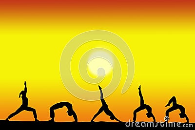 Group of yoga female silhouettes with a sunset on the background and copy space for your text Stock Photo