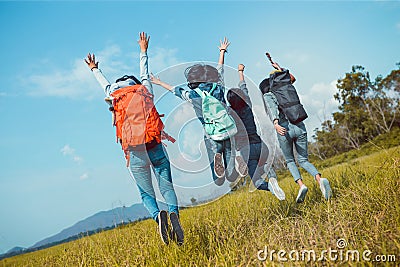 Group of Young Asian women jumping enjoy travel trekking Stock Photo