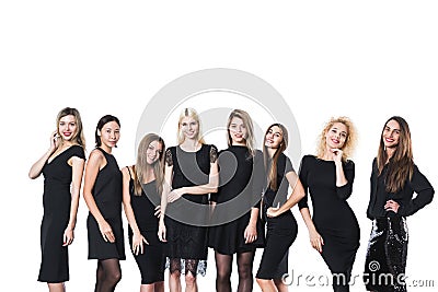 Group of young beautiful women in black dress isolated on white background Stock Photo