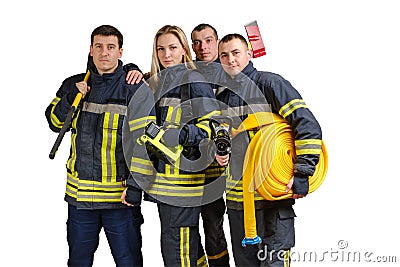 Group of young brave firefighters in uniform isolated Stock Photo