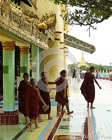 Group of young Buddhist novices in temple, Mandalay Hill, Myanmar Editorial Stock Photo