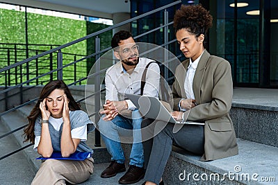Group of young business people product strategy experts waiting for staff meeting with employer from human resources for job Stock Photo