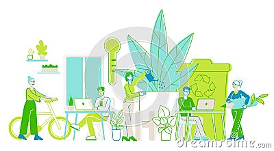 Group of Young Business People Working Together in Modern Office with Many Green Plants Vector Illustration