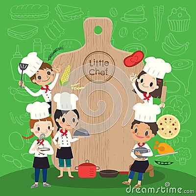 Group of young chef with chopping block children kids cartoon illustration Vector Illustration