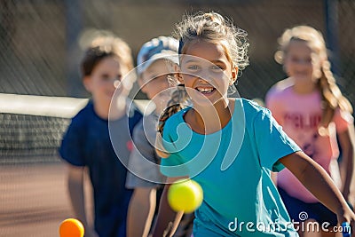 Energetic Kids Engage in Intense Tennis Match Stock Photo