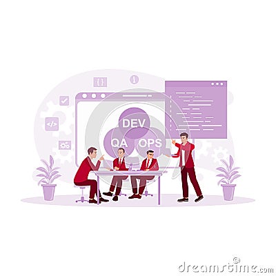 Group of young engineers and IT experts working in modern office developing software. DevOps Developers concept. Vector Illustration