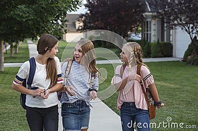 Group of young female friends and students talking together as they walk home school for the day Stock Photo