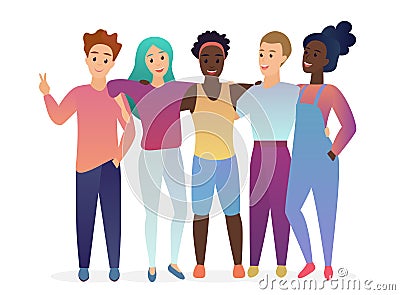 Group of young five happy posing, hugging and talking friends. People together. Friendship. Trendy gradient color vector Vector Illustration