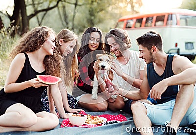 A group of friends with a dog sitting on ground on a roadtrip through countryside. Stock Photo