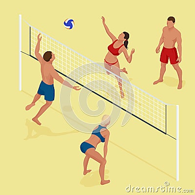 Group young Friends Playing Volleyball On Beach. Beach volleyball Is a popular sport that is played on the beach. Flat Vector Illustration