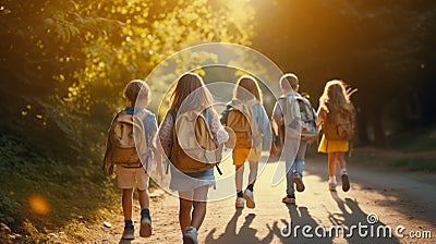 A group of young girls walking down a dirt road Stock Photo