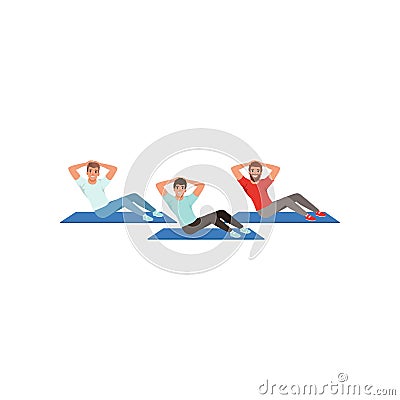 Young guys doing sit ups. Belly burning training. Active physical exercise. Three men in sportswear. Cartoon people in Vector Illustration