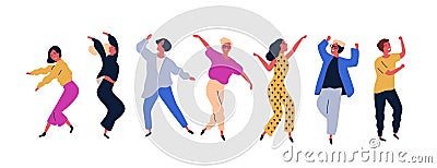 Group of young happy dancing people or male and female dancers isolated on white background. Smiling young men and women Vector Illustration