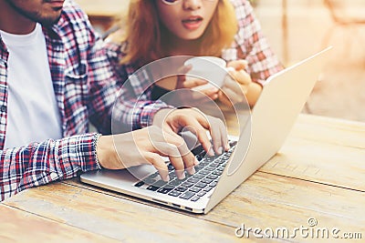 Group of young hipster sitting in a cafe,Young cheerful friends having fun while take time together, Holiday freedom enjoy Stock Photo