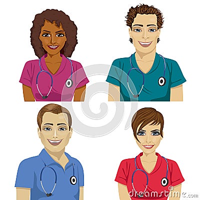 Group of young hospital workers in scrubs Vector Illustration