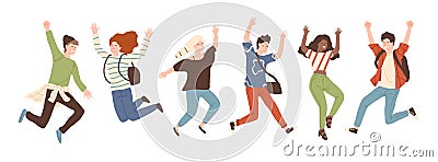 Group of young joyful laughing people jumping with raised hands isolated on white background. Happy positive young men Vector Illustration