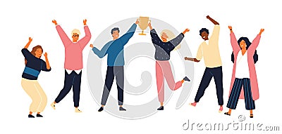 Group of young joyful people with champion cup isolated on white background. Happy positive men and women celebrating Vector Illustration