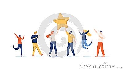 Group of young joyful people with champion star isolated on white. Happy positive men and women celebrating victory Vector Illustration