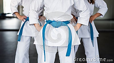Group of young karate women standing indoors in gym, midsection. Stock Photo