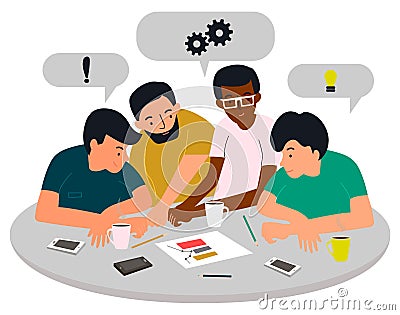 Group of young men are discussing a new startup.Four young men have a meeting.Vector illustration on white background Vector Illustration