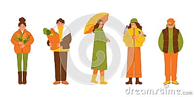 Group of young people in autumn clothes isolated on white background. Vector illustration in flat style Vector Illustration