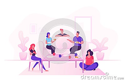 Group of Young People Celebrate at Home Party Sitting at Table in Living Room Eating Pizza, Drinking Tea. Friends Company Leisure Vector Illustration