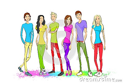 Group of young people, colorful clothes man and Vector Illustration