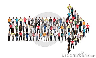 Group of young people direction arrow success team teamwork multicultural Stock Photo