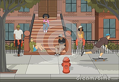 Group of young people in front of brownstone building. Vector Illustration