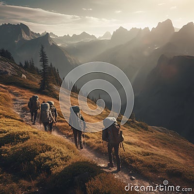 A group of young people hiking through a majestic mountain range , with backpacks, camping gear and water bottles. Concept of Stock Photo