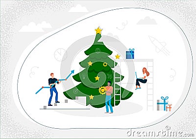 A group of young people, young men and woman decorate a Christmas tree. Business work, achieving goals and results Vector Illustration