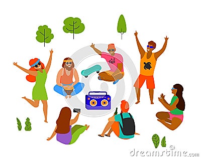 Group of young people, men and women celebrating, dancing, party, playing chilling in the park Vector Illustration